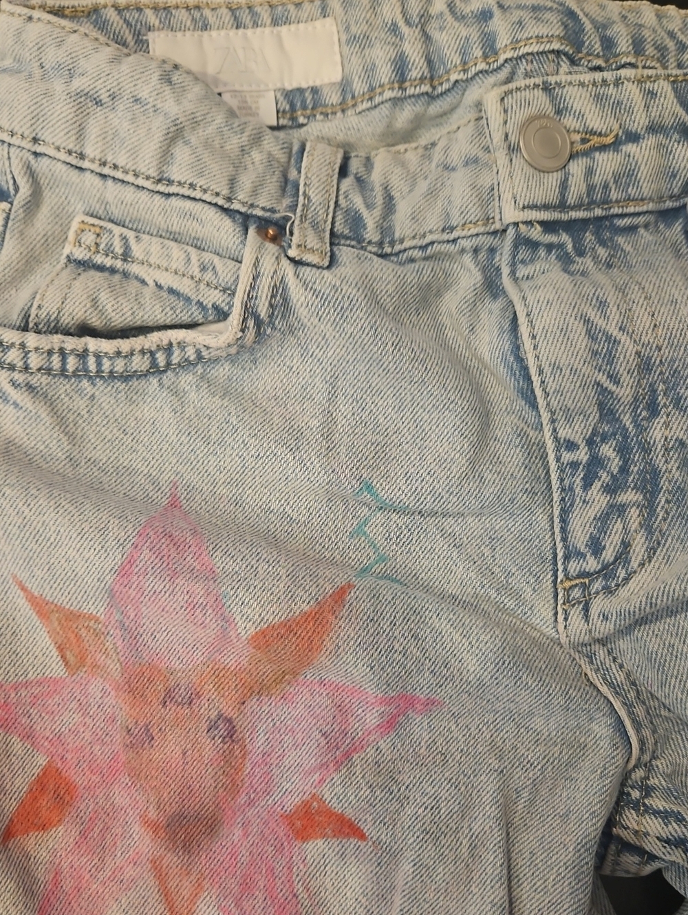Zara Light Wash Jeans with Pink and Orange Floral Print (ORIGINAL ARTWORK)